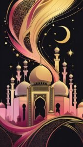 Silhouetted mosque framed by an ornate Islamic arch, set against a celestial pink and orange sky with stars and crescent moons – a perfect blend of spiritual elegance and artistic detail.