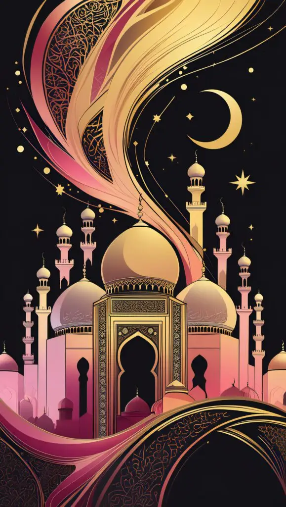 Silhouetted mosque framed by an ornate Islamic arch, set against a celestial pink and orange sky with stars and crescent moons – a perfect blend of spiritual elegance and artistic detail.