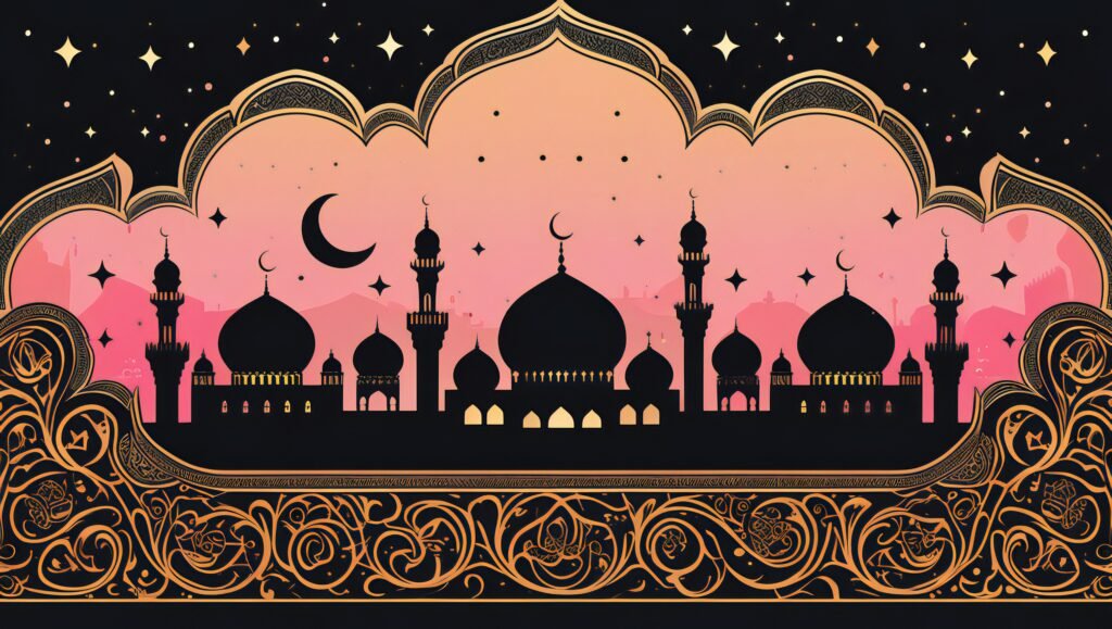 Artistic Mosque Silhouette with Ornate Arch and Celestial Sky