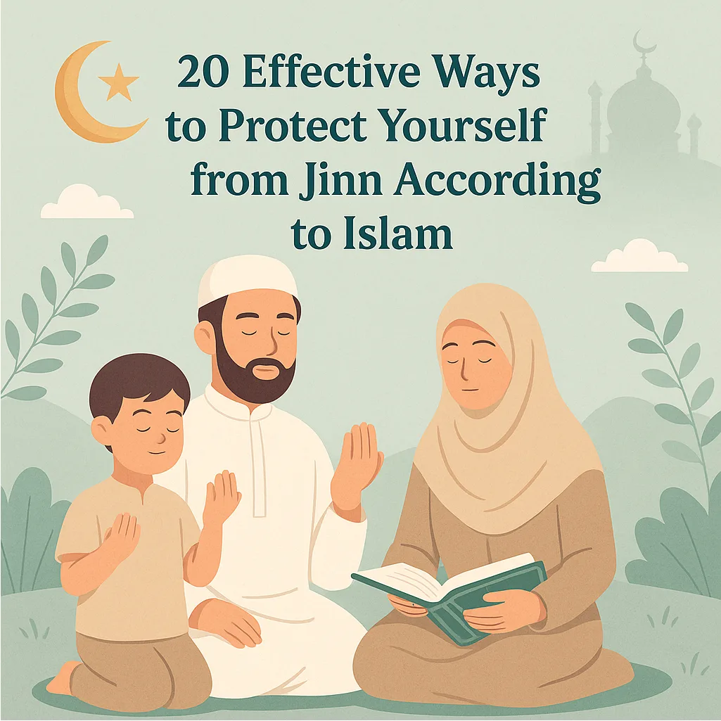 Digital illustration of a Muslim family praying outdoors with soft pastel colors, featuring the text “20 Effective Ways to Protect Yourself from Jinn According to Islam.”