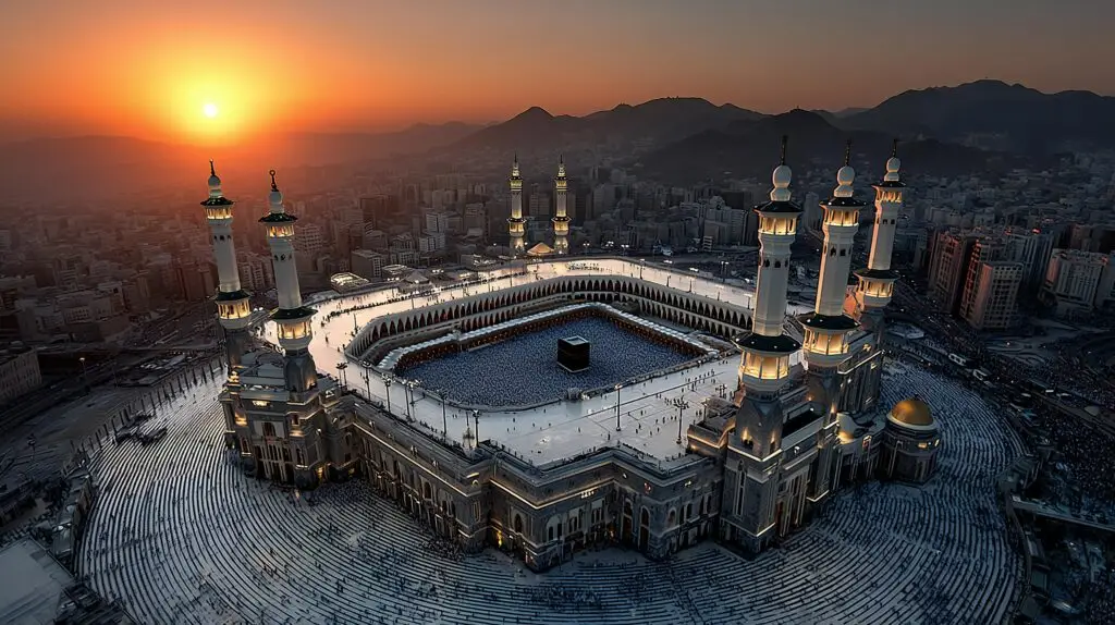 Aerial view of the Grand Mosque in Mecca during sunset, with the Kaaba at the center and worshippers surrounding it.