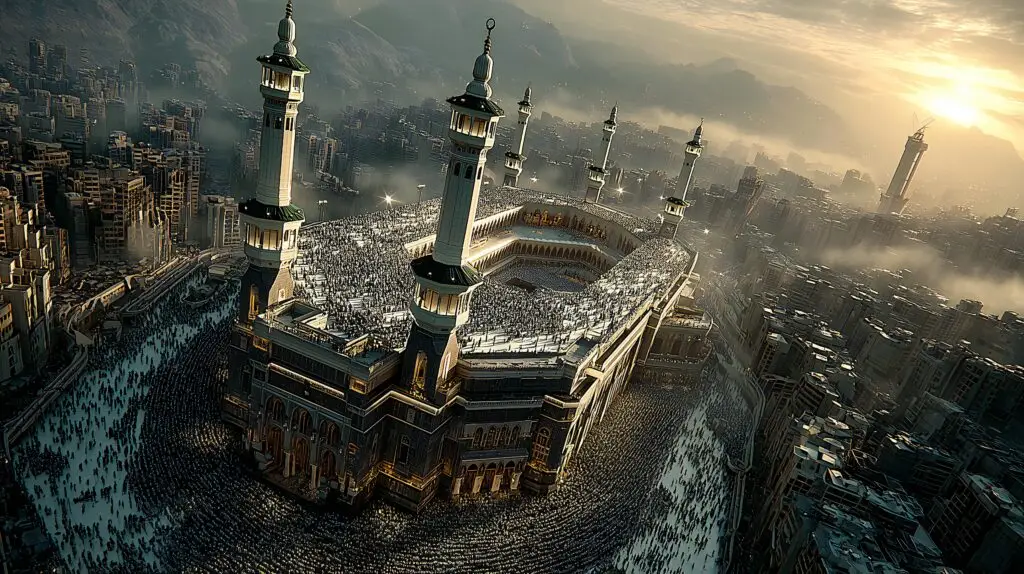 High-resolution wide-angle photo of the Grand Mosque in Mecca filled with pilgrims during sunset, featuring iconic minarets and surrounding cityscape.