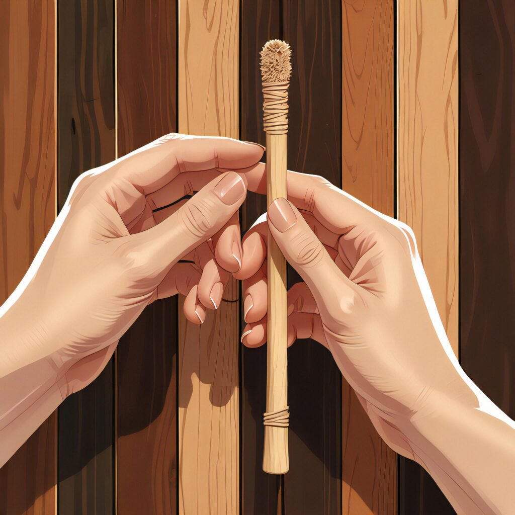 Digital illustration of hands holding a traditional miswak stick against a background of vertical wooden planks in warm, earthy tones.