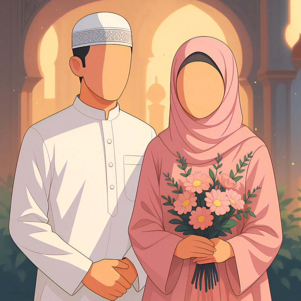 Digital illustration of a Muslim bride and groom standing side by side in traditional attire, with soft bokeh background and floral bouquet.