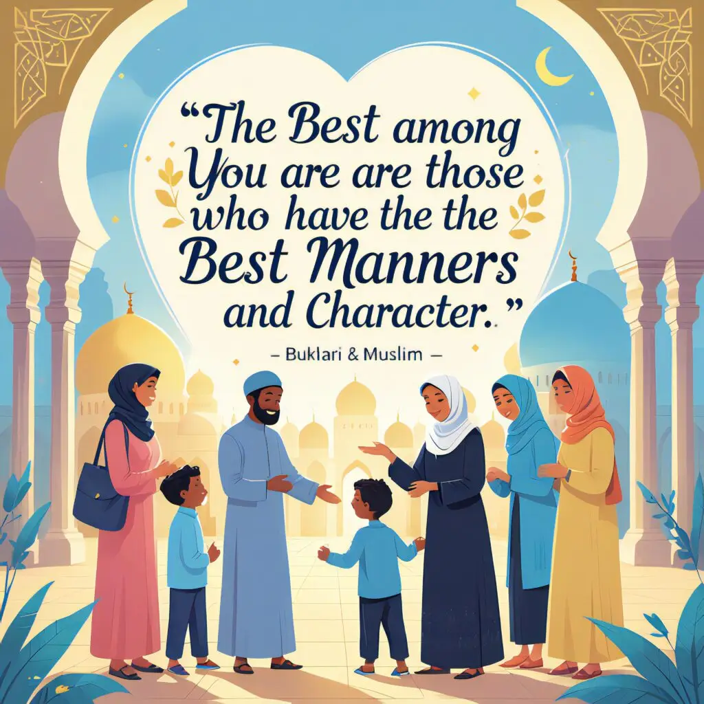 Illustration of diverse Muslim men and women showing kindness and respect near a mosque, with a quote from Bukhari & Muslim about good manners.