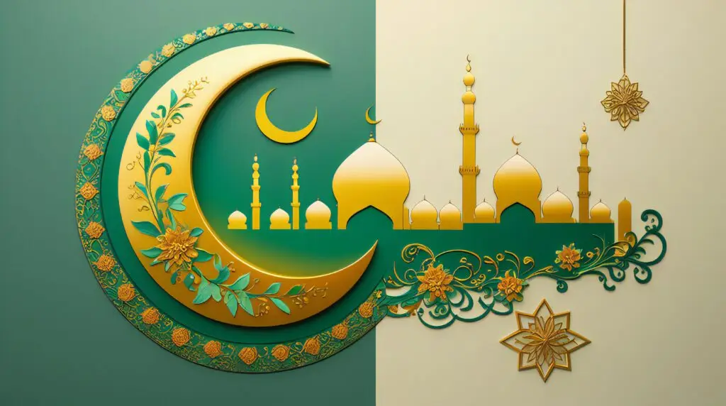 Ornate Islamic digital illustration featuring a golden crescent moon, floral patterns, mosque skyline, and hanging star on a green and cream background