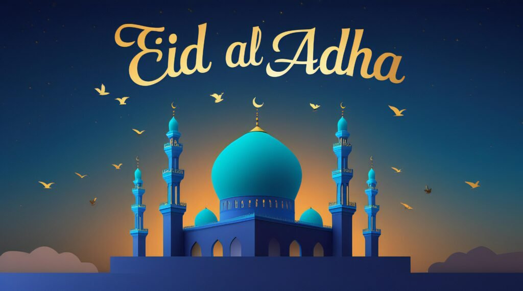 Stylized Eid Al Adha mosque illustration with turquoise and gold gradient, crescent moons, lanterns, and Arabic calligraphy on a twilight background