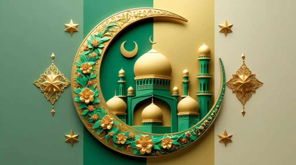 Symmetrical digital illustration featuring a green and gold mosque within a floral crescent moon, set against a vertically split green and gold background with stars
