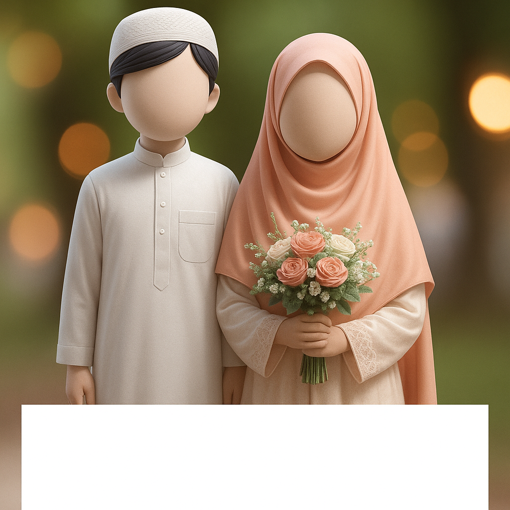 Digital illustration of a faceless Muslim couple in traditional attire, with a warm bokeh background and a bouquet of pink and white flowers.