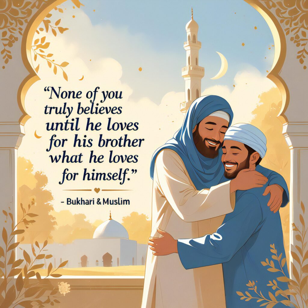 Islamic illustration of two Muslim men showing brotherhood and unity with a quote from Bukhari & Muslim, set against a warm, peaceful background.