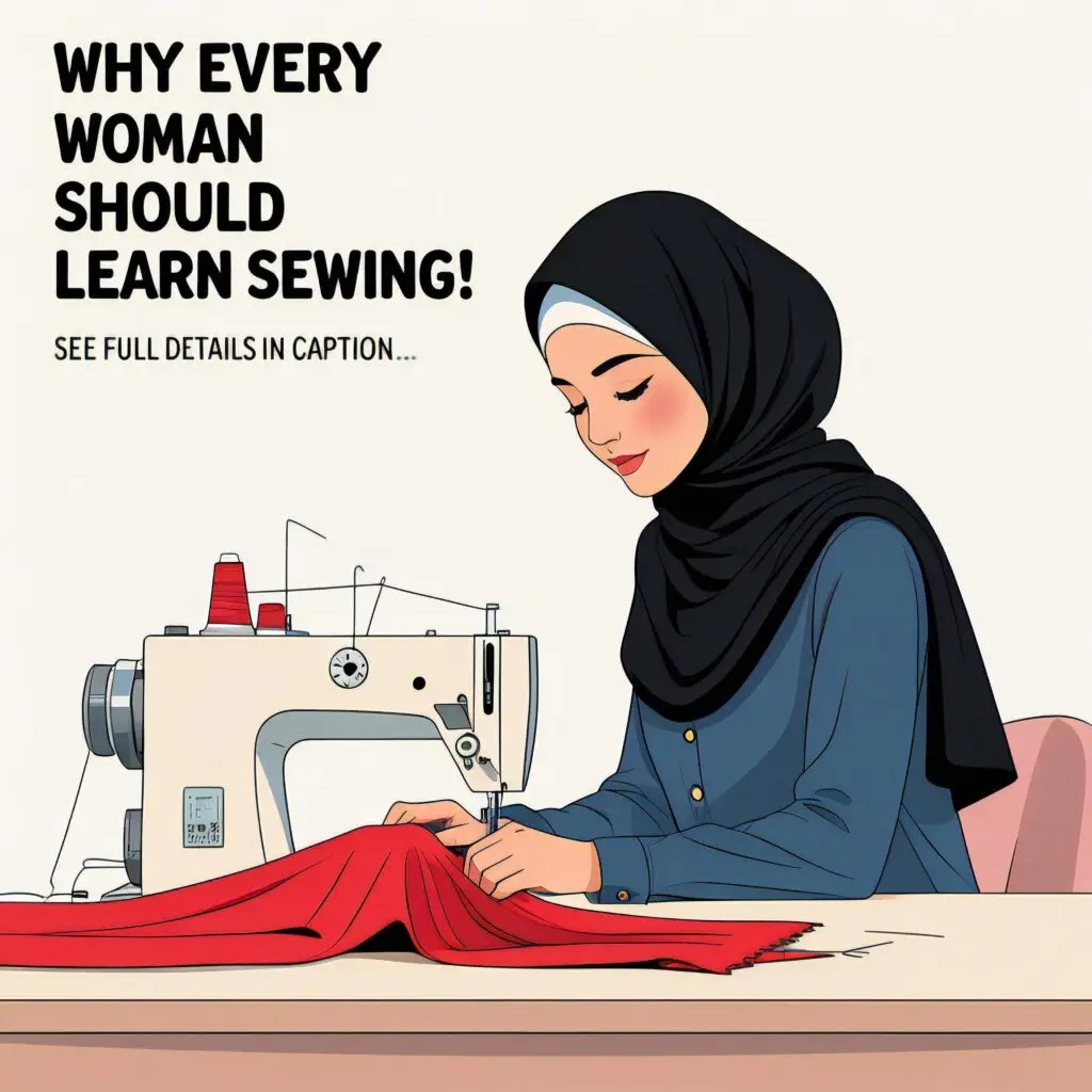 Illustration of a Muslim woman in black niqab sewing red fabric on a sewing machine with bold text promoting sewing skills.