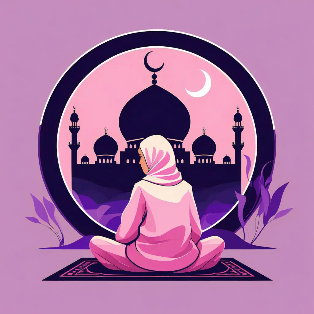 Digital illustration of a woman in a white hijab and floral dress reading a book against a dark background in a minimalist style