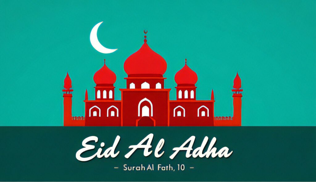 Eid Al Adha illustration featuring a red mosque with domes and minarets on a teal background, crescent moon on the left, and Eid greeting text with Surah Al Fath