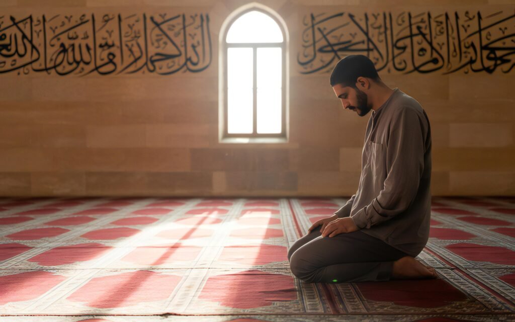 Photograph of a man praying inside a mosque, kneeling on a red patterned carpet near an arched window with Arabic calligraphy above.