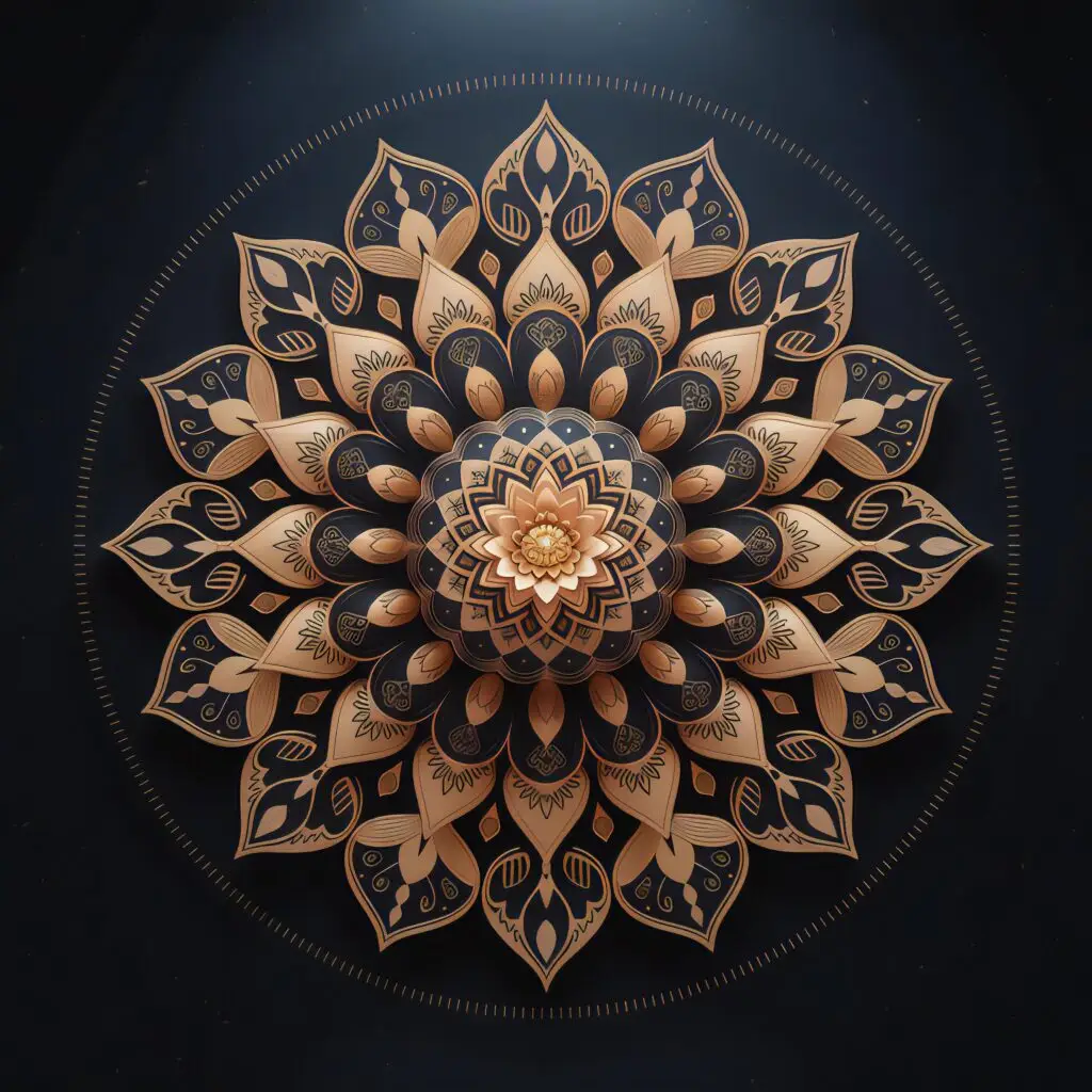 Golden mandala design with floral and geometric patterns on a black background, featuring symmetrical and intricate detailing