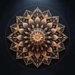 Golden mandala design with floral and geometric patterns on a black background, featuring symmetrical and intricate detailing