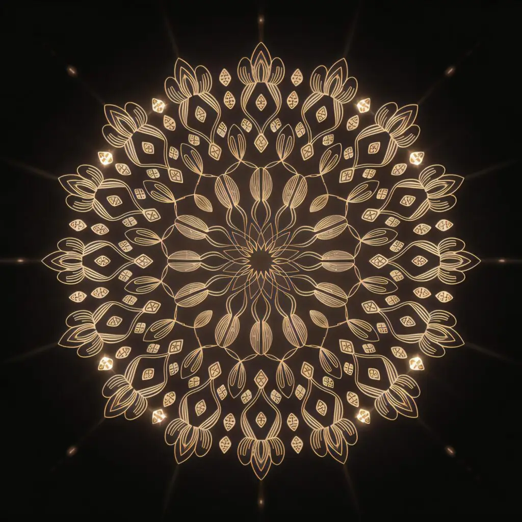 Symmetrical golden mandala with petal and leaf patterns glowing on a black background in a circular, intricate layout