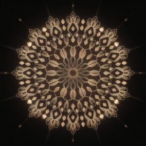 Symmetrical golden mandala with petal and leaf patterns glowing on a black background in a circular, intricate layout