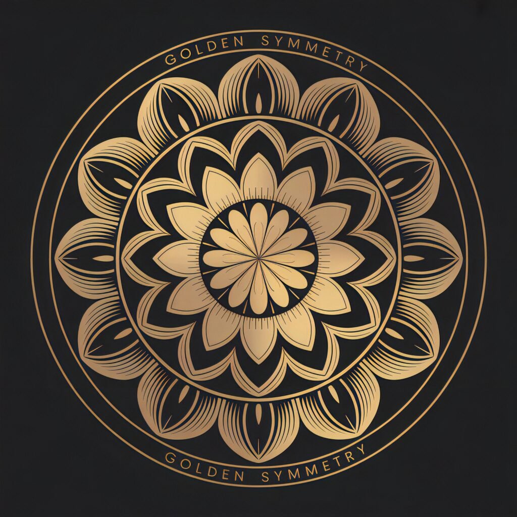 Digital artwork of a symmetrical golden mandala with petal-like layers on a black background, featuring the text 'GOLDEN SYMMETRY' in a circular layout.