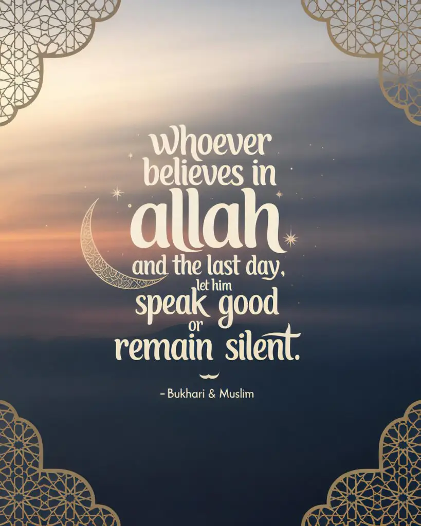 Islamic digital art with golden arch, crescent moon, and hadith quote from Bukhari & Muslim on speaking good or remaining silent, set against a sunset gradient background