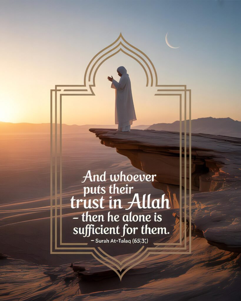 Islamic artwork with a quote from Surah At-Talaq (65:3), showing a peaceful figure praying at sunrise in a desert with a crescent moon above.