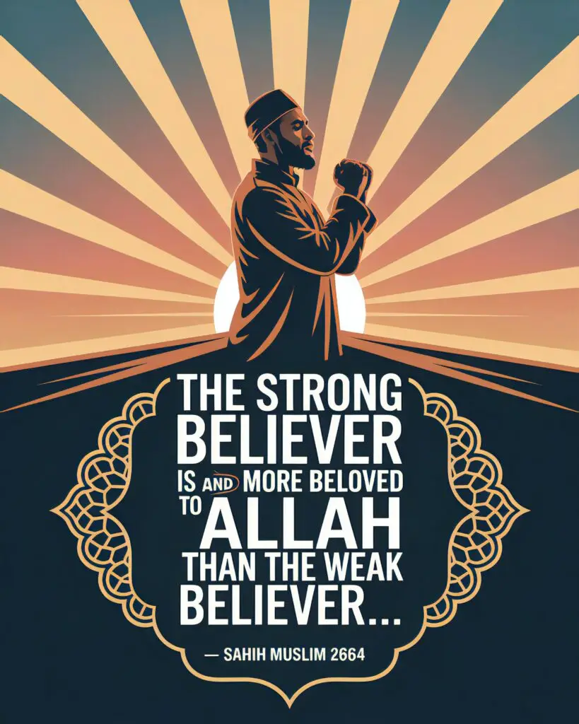 Stylized Islamic poster of a man in prayer silhouette with radiant sunburst background and inspirational quote from Sahih Muslim 2664