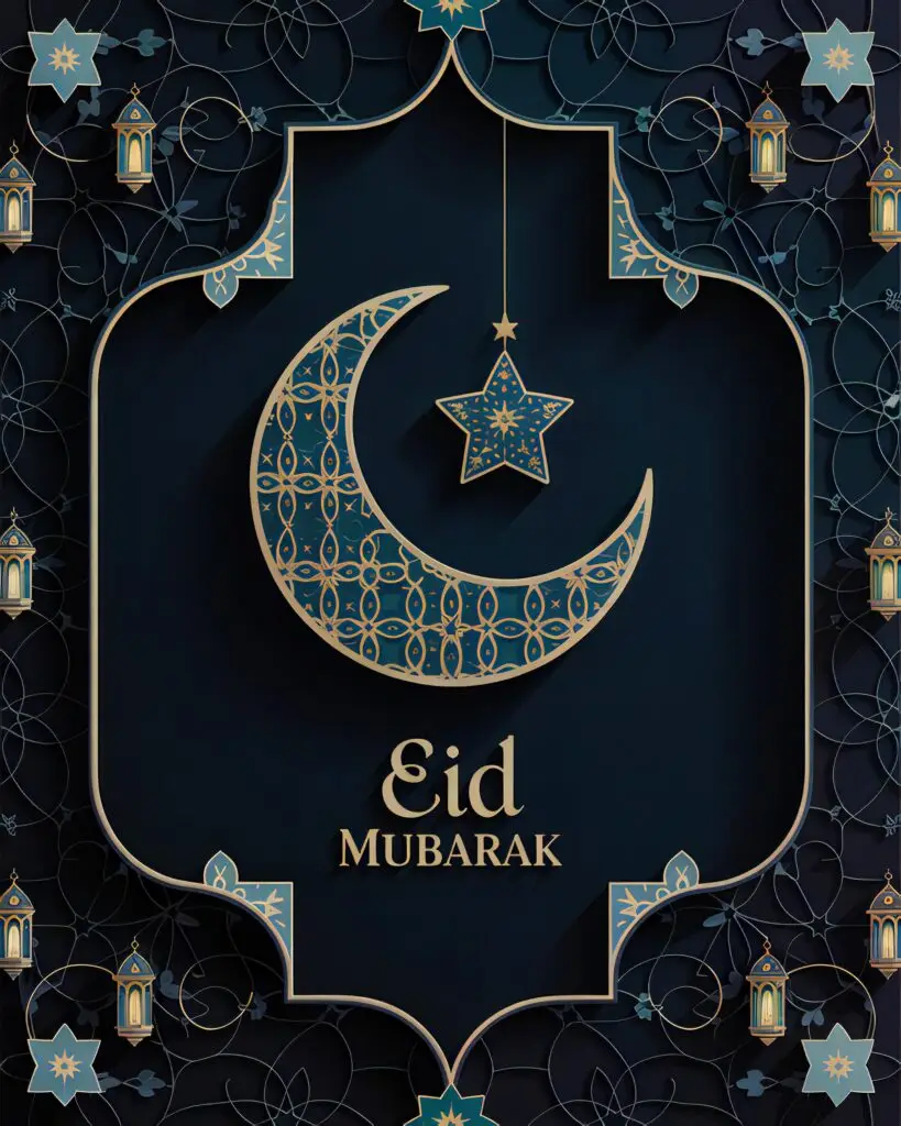 Ornate digital illustration of a gold crescent moon and star with lanterns and Eid Mubarak text on a deep blue background in Islamic art style