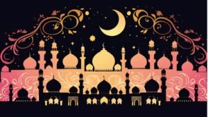 Artistic Mosque Silhouette with Ornate Arch and Celestial Sky