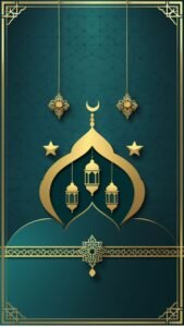 Symmetrical Islamic digital illustration with gold mosque arch, hanging lanterns, and geometric border on a teal background