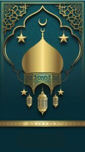Symmetrical Islamic digital illustration with gold mosque arch, hanging lanterns, and geometric border on a teal background