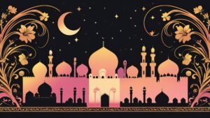 Artistic Mosque Silhouette with Ornate Arch and Celestial Sky