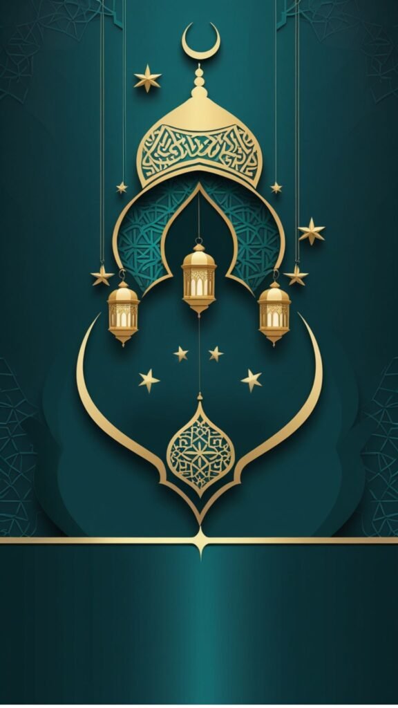 Symmetrical Islamic digital illustration with gold mosque arch, hanging lanterns, and geometric border on a teal background