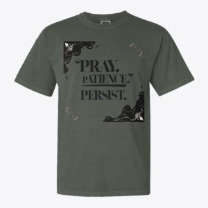 Bold black and white Islamic T-shirt design with the words “Pray. Patience. Persist.” in minimalist modern typography