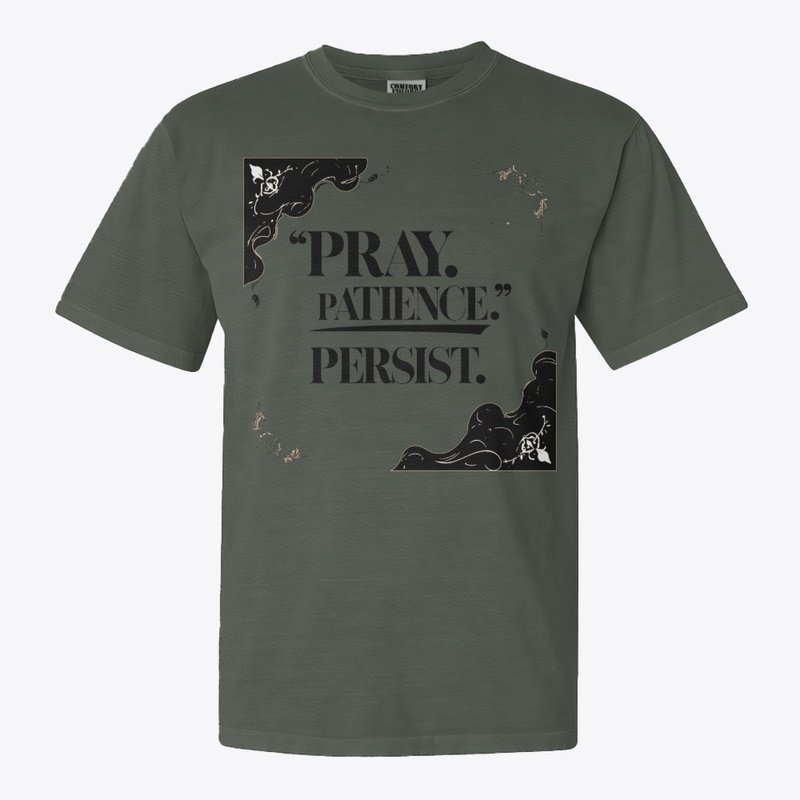 Bold black and white Islamic T-shirt design with the words “Pray. Patience. Persist.” in minimalist modern typography