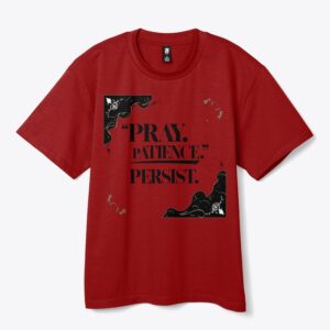 Bold black and white Islamic T-shirt design with the words “Pray. Patience. Persist.” in minimalist modern typography
