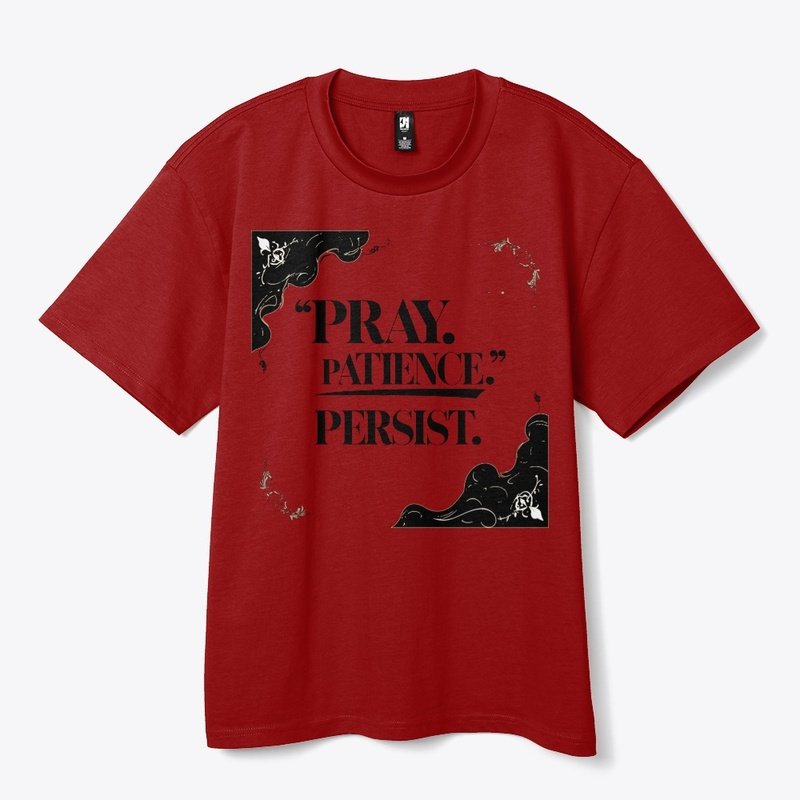 Bold black and white Islamic T-shirt design with the words “Pray. Patience. Persist.” in minimalist modern typography