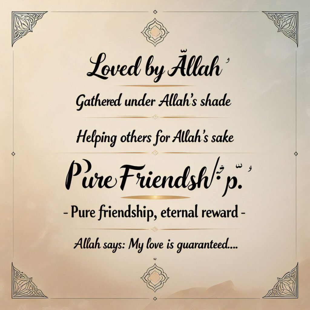 English typographic design featuring inspiring Islamic hadith quotes about loving and helping one another for the sake of Allah, on a soft background with Islamic patterns.
