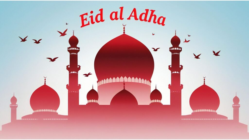 Stylized red mosque silhouette with domes and minarets, 'Eid al Adha' text above, and birds in flight on a light blue background