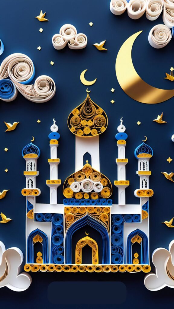 Digital quilling-style artwork of a mosque with gold domes, crescent moon, clouds, and 'Happy Eid' text on dark blue background