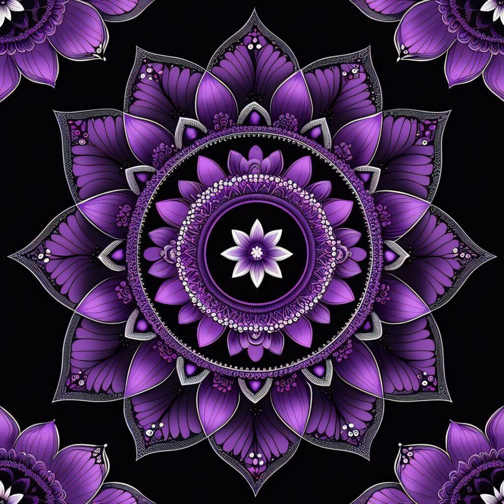 Intricate purple mandala artwork with floral patterns and white dots on black background