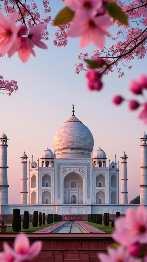 Taj Mahal with pink cherry blossoms in the foreground at sunrise with a pastel sky