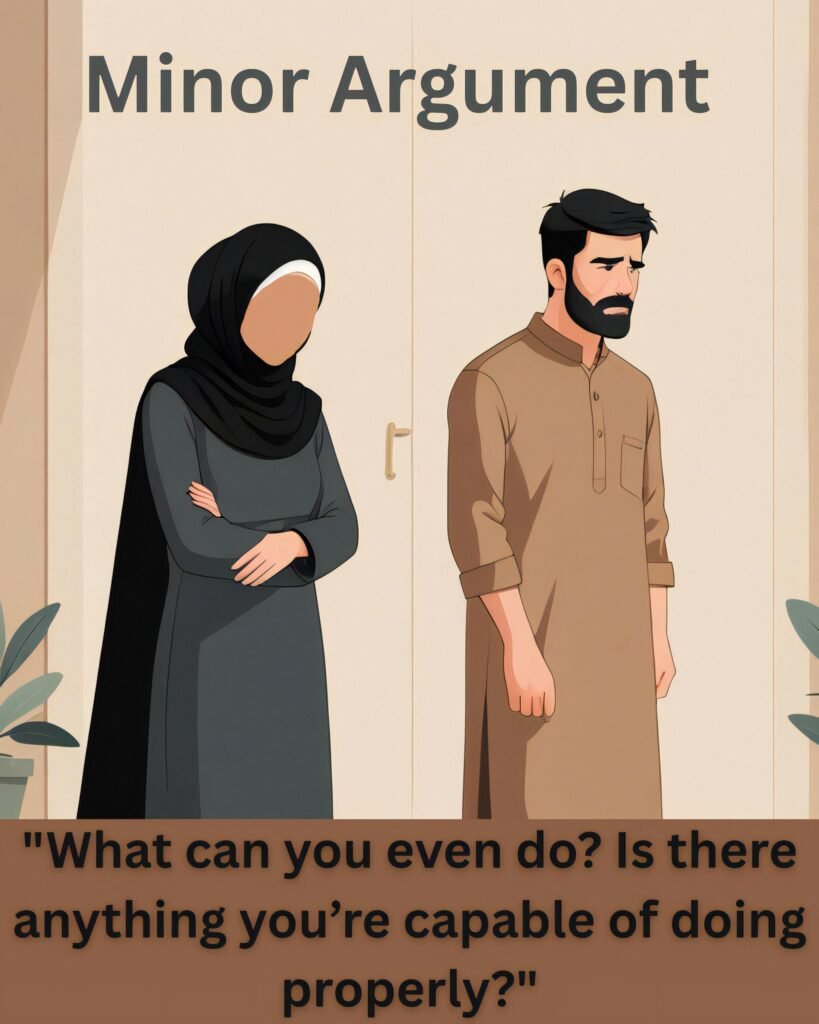 An Islamic digital illustration of a Muslim couple having a gentle conversation. The woman is wearing a black niqab, and the man is gently placing his hand on her shoulder. The image portrays emotional support and understanding during a small marital dispute, with soft neutral background colors and text in Bengali discussing patience in marriage.
