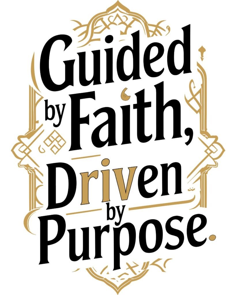 Modern Islamic T-shirt design with the quote “Guided by Faith, Driven by Purpose” in bold minimalist typography on a solid background