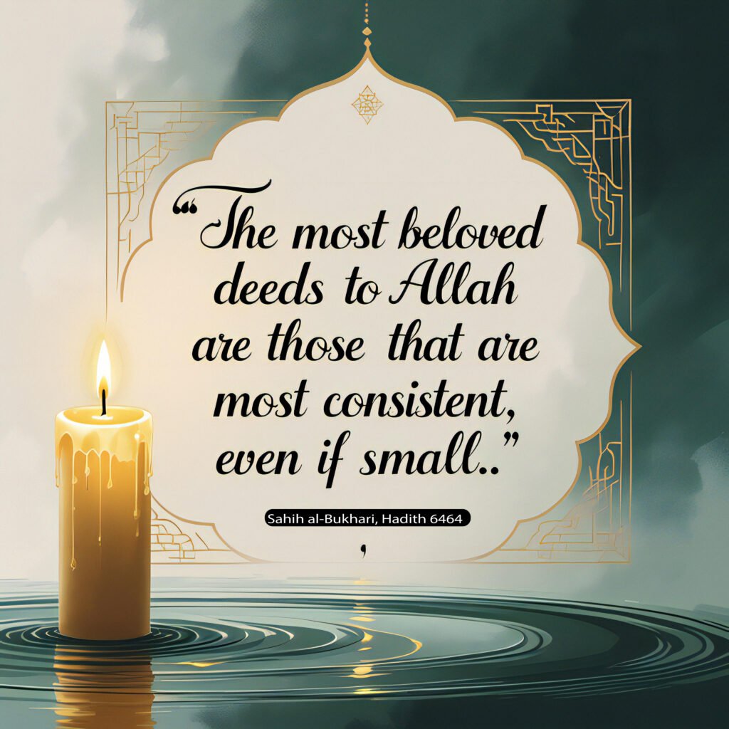 Islamic motivational artwork featuring a quote from Sahih al-Bukhari 6464 in elegant script, with a glowing candle or ripple background and golden geometric patterns.