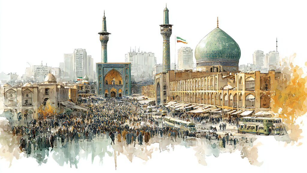 Watercolor canvas illustration of the 1979 Islamic Revolution in Iran, featuring historical Islamic elements