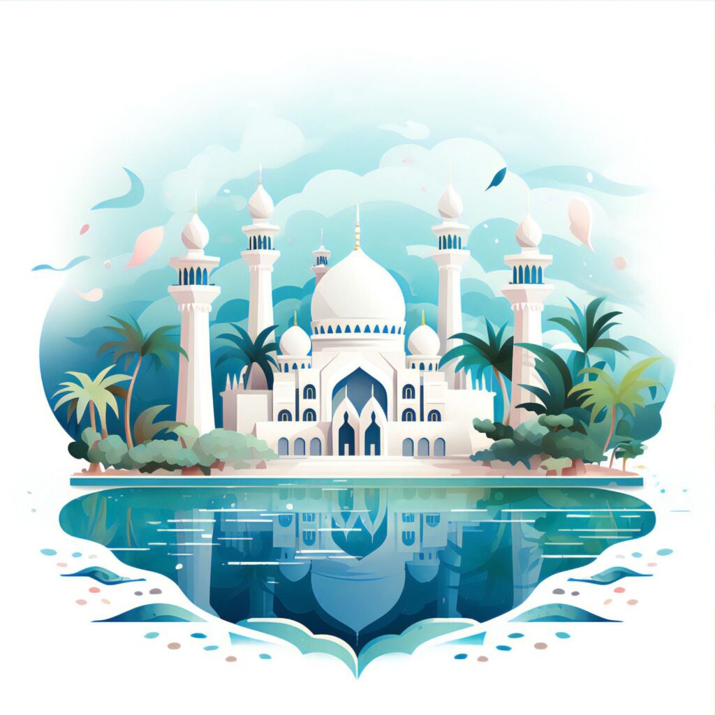 Digital illustration of a white mosque with blue domes and four minarets, surrounded by palm trees and reflected in water under a dreamy sky