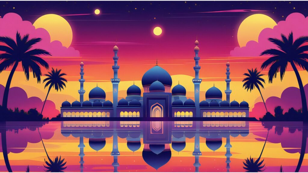 Digital illustration of a grand mosque with domes and minarets reflecting in water, framed by palm trees under a colorful sunset sky