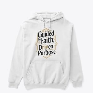 Modern Islamic T-shirt design with the quote “Guided by Faith, Driven by Purpose” in bold minimalist typography on a solid background