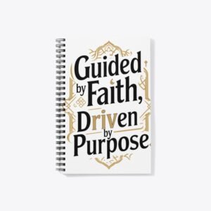 Modern Islamic Notebook design with the quote “Guided by Faith, Driven by Purpose” in bold minimalist typography on a solid background