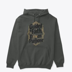 Modern Islamic T-shirt design with the quote “Guided by Faith, Driven by Purpose” in bold minimalist typography on a solid background